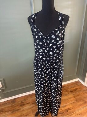 Black Floral Midi Dress with White & Light Blue Blossoms
